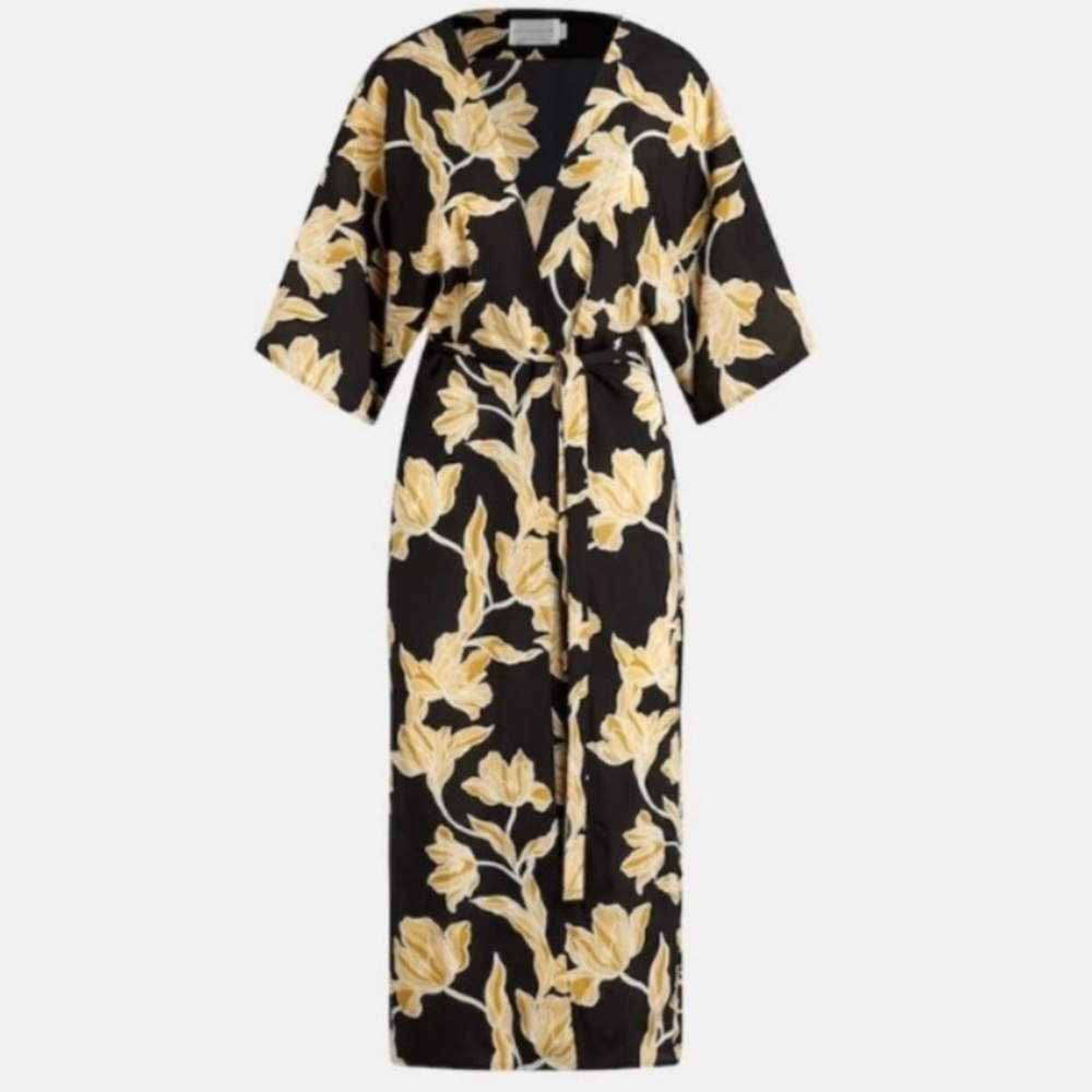 Maison du soir long kimono robe boho large xl black gold belted luxe